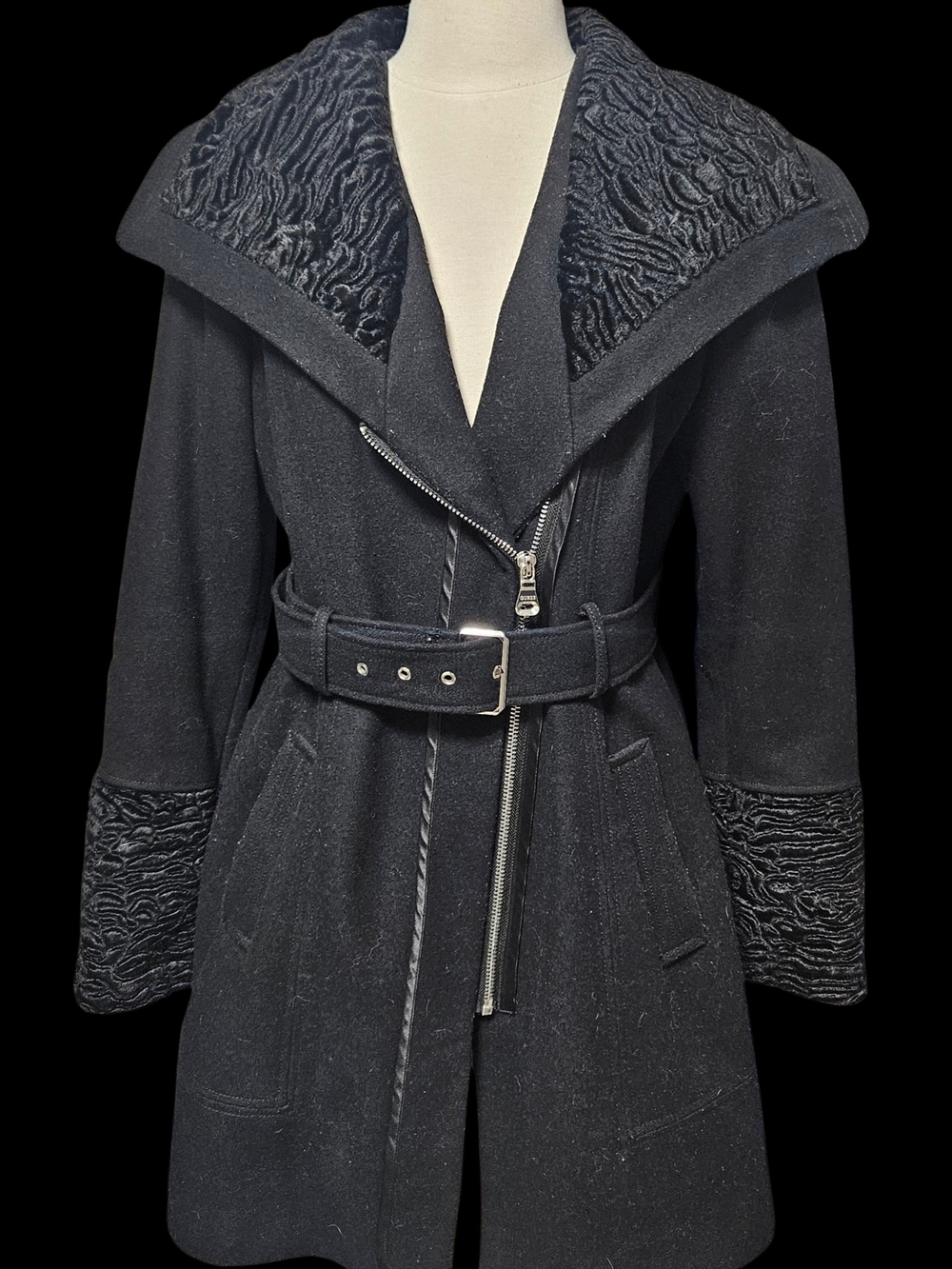 Guess Black Wool Belted Trench Coat with Velvety Textured Trim